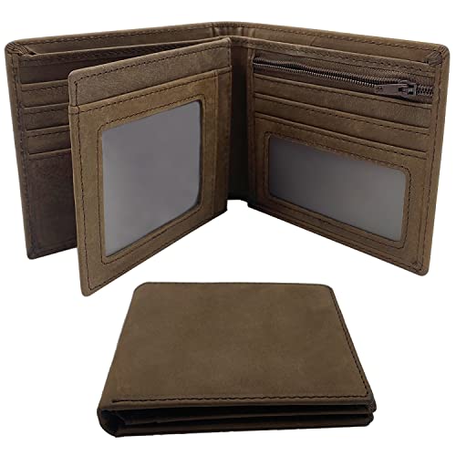 ehsbuy Genuine Leather Mens Wallets RFID Blocking Bi-Fold Card Holder Wallet with Zip Coin Pocket Flip Out ID Window Gifts for Men