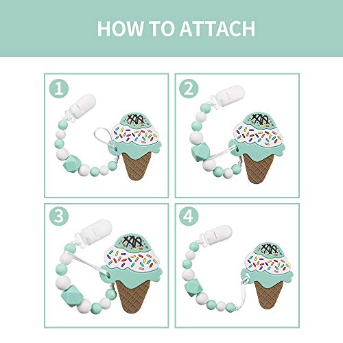 AmazingM Baby Teething Toys,Food Grade Silicone Ice Cream Teether Toy with Pacifier Clip Holder Set for Newborn Babies,BPA Free,Freezer Safe (Green)