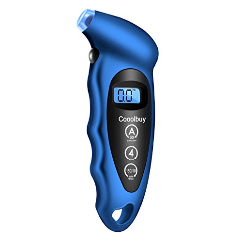 Cooolbuy Digital Tire Pressure Gauge 150 PSI 4 Settings with Backlight LCD and Non-Slip Grip-Button Cells,Tire Valve Caps,Carry Bag Included (Blue-1 Pack)