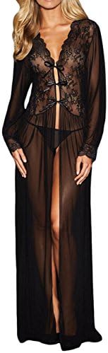 Lacoco Sheer Long Sleeve Lace Robe with Thong Sexy Lingerie for Women for Sex Lace Lingerie Set Sleepwear, Nightgowns