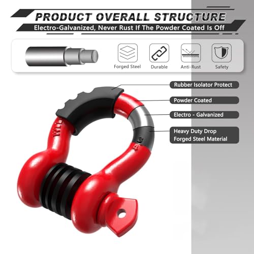 D Ring Shackle 3/4" (2 Pack), 41,887 lbs Break Strength, Clevis Shackle with 7/8" Screw Pin, Shackle Isolator Washers Kit for Tow Strap, Winch & Off-Road Vehicle Recovery, Red