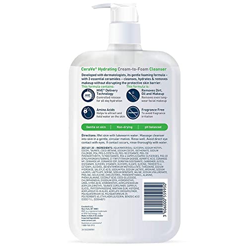 CERAVE HYDRATING CREAM TO FOAM CLEANSER, MAKEUP REMOVER FACE WASH FOR DRY SKIN, FOAMING FACIAL CLEANSER WITH HYALURONIC ACID, NORMAL TO DRY SKIN, FRAGRANCE FREE & NON COMEDOGENIC, 19 FLUID OUNCE
