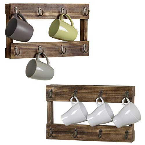 MyGift Wall Mounted Mug Rack Burnt Wood 8Hook Coffee Tea Cup Hanging