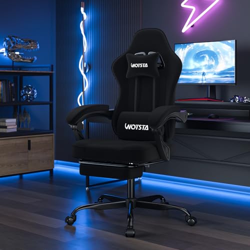 WOTSTA Massage Chaise Gaming Tissu avec Coussin en éponge Haute densité, Siege Gamer avec Repose-Pieds, Fauteuil Gamer pour Adultes Kids,Chaises de Bureau Capacité de Charge 120 kg