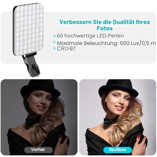 Selfie Light, 60 LED 2200 mAh Rechargeable Mobile Phone Fill Light, 7 Modes, 10 Levels Brightness, Portable Clip-On Light for Phone/Tablet/Laptop, Zoom Call Vlog Makeup TikTok Video Fill Light