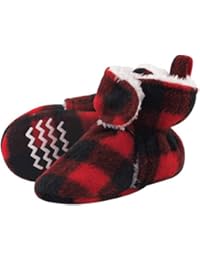 Hudson Baby Baby Cozy Sherpa Booties with Non Skid Bottom, Black and Red Plaid, 6-12 Months