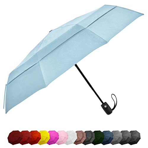 Windproof Travel Umbrellas for Rain - Lightweight, Strong, Compact with & Easy Auto Open/Close Button for Single Hand Use - Double Vented Canopy for Men & Women
