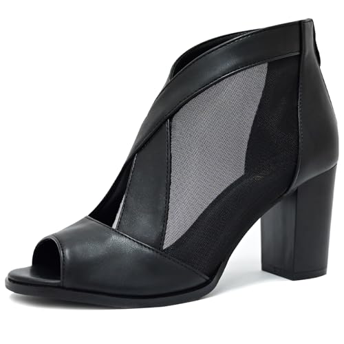 SICARE Women's Square Open Toe Kitten Heel Mules - Elastic Knit With Chain Detail