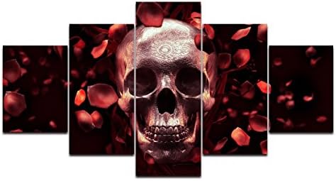 Modern Red Rose Skull Petal Wall Art Sugar skeleton Feature Painting,Day of The Dead Pictures Abstract Artwork Framed Decor for Living Room 5 Pieces Stretched Ready to Hang (60''Wx40''H)