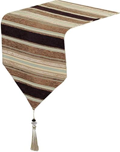 Yoovi Home Linen Modern Chenille Striped Table Runner with Tassels 13'' W x 82'' L (Brown/Beige)