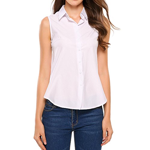 SoTeerWomen's Sleeveless Button Down Shirt Tops Solid Casual Loose Blouse, White, X-Large