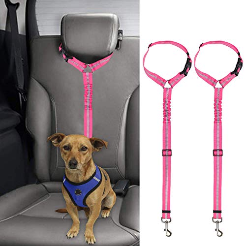 BWOGUE 2 Packs Dog Cat Safety Seat Belt Strap Car Headrest Restraint Adjustable Nylon Fabric Dog Restraints Vehicle Seatbelts Harness Pink Elastic Bungee