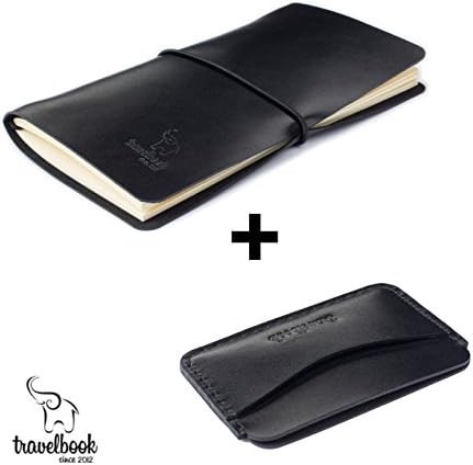 Leather handmade Sketchbook vintage journal diary + Card case pocket credit holder wallet slim SET | great gift (Large, Black)