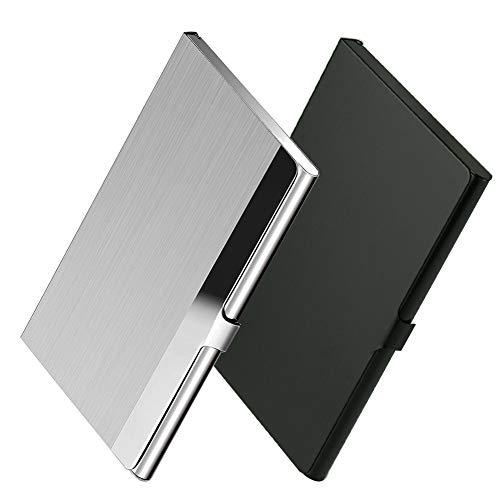 Professional Business Card Holder, 2 Pack Business Card Case Slim Design Stainless Steel Card Holders for Men & Women, Keep Business Cards in Immaculate Condition (Black/Silver)