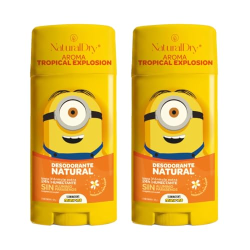 NaturalDry - Desodorante Para Niños y Teens Natural Infantil Minions 50g | Sin Aluminio ni Parabenos | 24hrs Protección | Para Niños y Adolescentes Piel Sensible (2 x Tropical Explosion)