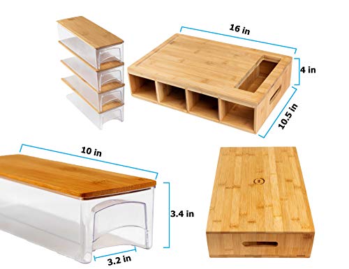 Large bamboo cutting board with trays/drawers/container and bamboo lids, Chopping board with juice grooves, handles & food sliding opening, cutting board with 4 trays for easy food prep and cleanup