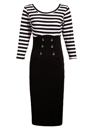 Womens Black and White Striped Nautical PinUp Retro Vintage Sailor Dress – Size Medium