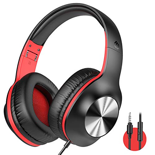 iClever Over Ear Headphones with Microphone - Foldable Lightweight Stereo Headphones, Adjustable Wired Headphones with 3.5mm Jack for Online Class/Meeting/iPad/Smartphone/Computer, Black&Red