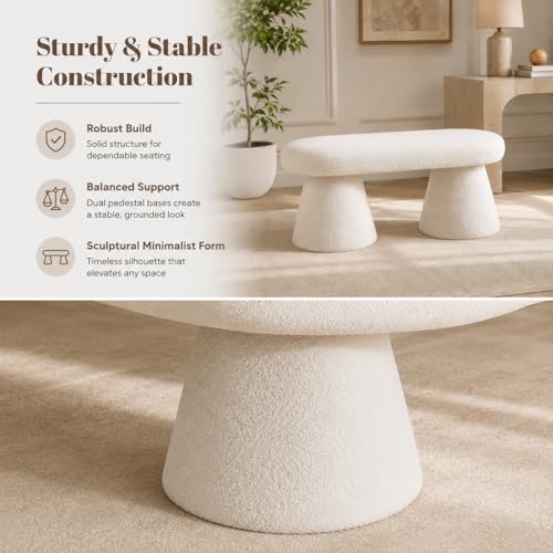 Modern Boucle Ottoman Bench, White Oval Upholstered Entryway Bench with Conical Pedestal Bases, Sherpa Accent Bench Foot Rest Extra Seat for Living Room Bedroom End of Bed, 100 x 40 x 43 cm