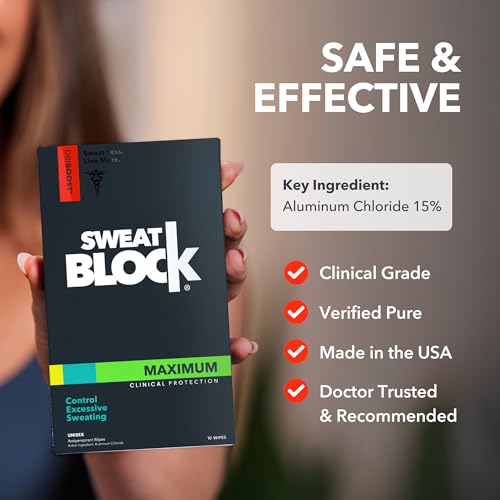 SweatBlock Antiperspirant Underarm Wipes for Men & Women - Clinical Strength for Hyperhidrosis & All-Day Sweat Control - Stop Sweating w/ up to 7-Day Protection per Wipe - Unscented - Pack of 10 Wipes
