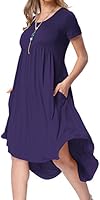 levaca Women's Scoop Neck Pockets High Low Pleated Loose Swing Casual Midi Dress