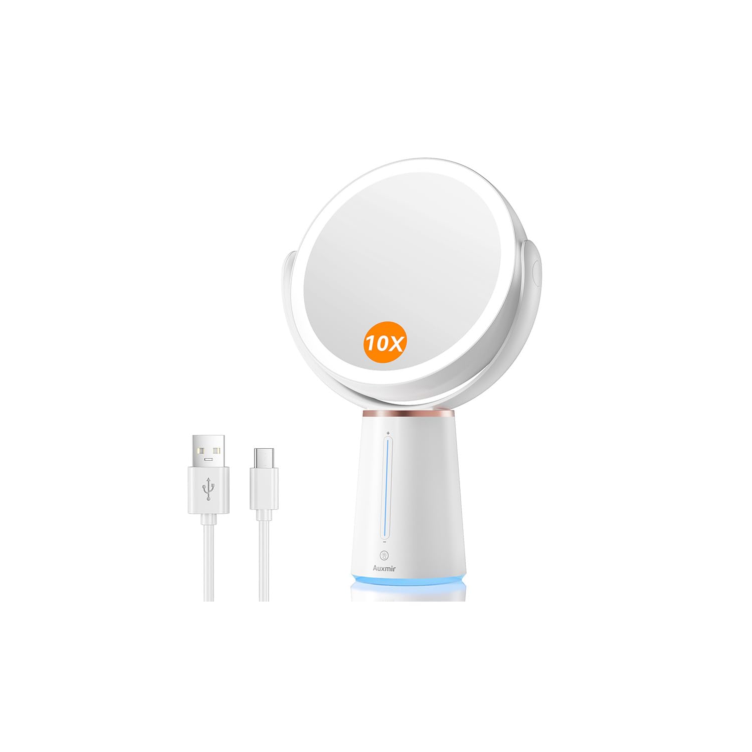 Auxmir Makeup Mirror with Lights, 7.5'' Double-sided 10X/1X Magnifying Mirror, 2500mAh USB Rechargeable Mirrors with 52 LED lights and 10 Brightness, 360° Rotating Vanity Mirror for Bedroom, Bathroom