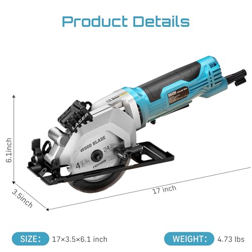Seesii Mini Circular Saw with Laser Guide, 4.8A 4000RPM Compact Corded Circular Saw, 3 Pcs 4-1/2" Blades for Wood, Soft Metal, Tile, Plastic, 0-45° Bevel, Max Depth 1-11/16" at 90° and 1-1/8"at 45°