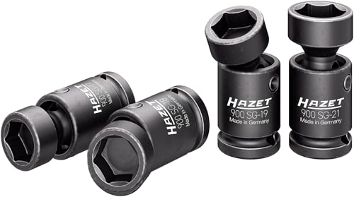 HAZET Juego de llaves de vaso de destornillador de impacto 900SG-1721/4, 4 piezas, articulado, 17-21 mm, cuadrado de 1/2 pulgada, perfil de tracción hexagonal externo, ángulo de giro 25 grados