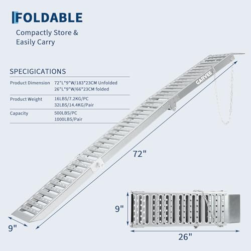 Garvee 6 ft Folding Loading Ramps (2-Pack) - 1000 Lb Capacity Heavy Duty Steel Tri-Fold Ramps for ATV, Dirt Bike, Motorcycle, Pickup Trucks, E-Bikes, 9 in Wide Anti-Slip Surface, Silver
