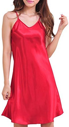 Fitsnar NEW Sexy Women's Nightshirts Satin Chemises Slip Sleepwear Wine Red M