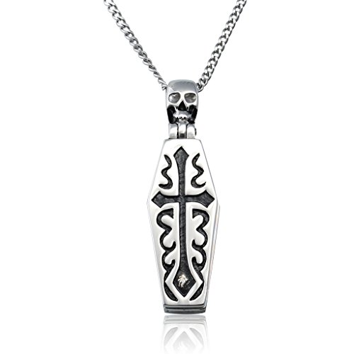 Jstyle Stainless Steel Horrific Jewelry Coffin Skull Engraved Cross Necklace Pendant Antique