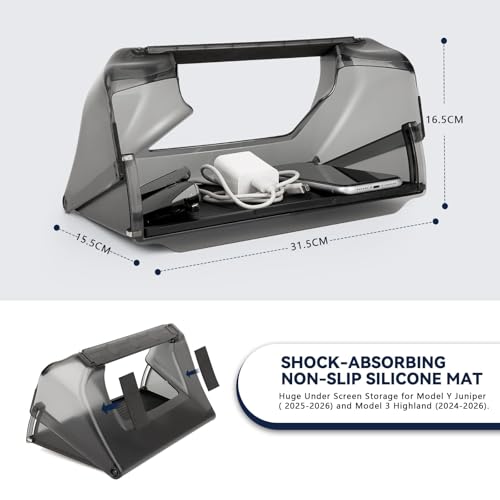 Under Screen Storage for Tesla 2025-2026 Model Y Juniper & 2024-2026 Model 3 Highland, Open and Close Center Console Organizer Tray with Anti-Slip Silicone Pad for New Tesla Model 3 Model Y Accessorie