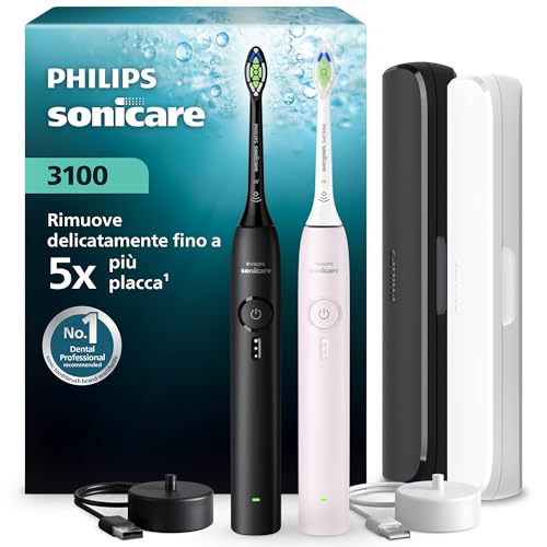 Philips Sonicare Serie 3100 - Spazzolino elettrico sonico, Sensore di pressione, 3 intensità, EasyStart, SmarTimer, autonomia 14 giorni, custodia, nero e rosa, confezione da 2, HX4072/42, [Nuovo]