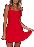 ZESICA Women's Summer Strap Bowknot Solid Color Backless A Line Beach Short Dress