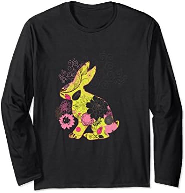 Unisex Beautiful Spring Flowers Easter Bunny Long sleeve T Shirt Medium Black