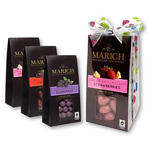 Marich Chocolates Trio Gift Set Chocolate Covered Fruits Collection (Dark and White Chocolate Strawberries, Dark Chocolate Blueberries, and Milk Chocolate Cherries) Gable Box 4.25 Oz. Each (Pack of 3) - Thumbnail 6