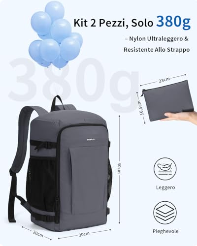 ECOHUB Zaino Ryanair 40x30x20 cm Leggero e 2 in 1, Zaino da Viaggio Pieghevole Sotto il Sedile, Bagaglio a Mano con Tasca Antifurto, Borsa da Cabina in Tessuto Riciclato per Uomo e Donna, Grigio