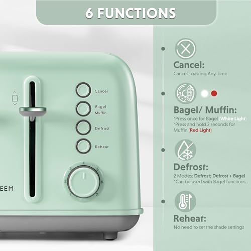 BUYDEEM DT640 4-Slice Toaster, 7 Shade Settings, Extra Wide 1.5’’ Slots for Bagel & English Muffin, 6 Toasting Functions, Retro Stainless Steel Toaster with High Lift Lever, 1800W, Cozy Greenish