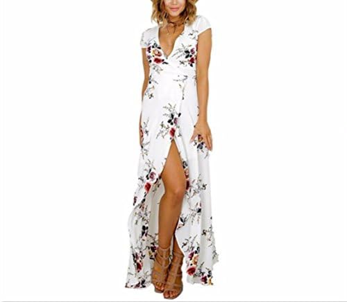 KFYWOMEN Women Summer Dress Deep V Neck Printed Long Bohemian Dresses (White, L)