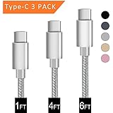 USB Type C Cable, BRG USB C Cable (USB 2.0) 3 Pack (1ft,4ft,6ft) Nylon Braided Fast Charger Cord for Samsung Galaxy Note8 S8 S8 Plus, LG G6 G5 V20, Moto Z2, Google Pixel, New Macbook and More, Silver