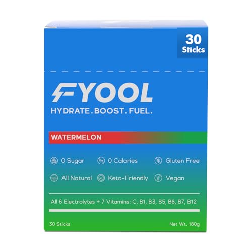 Fyool Hydration Electrolyte Powder | Electrolytes + Vitamins & Minerals | Zero Sugar & Calories | Energy Boost | Gluten-Free | Travel Essentials | Watermelon Flavour | 30 Stick Packs