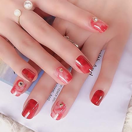 Amazon 大理石の紋様 24pcs 3d デコレーション ネイルチップ 手作りネイルチップ ネイル 原宿 レッド Mallnoo ネイルチップ 通販