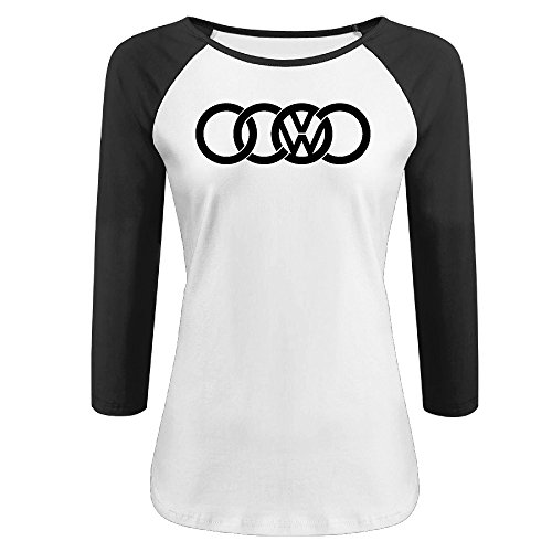 Women's VW Audi Logo 100% Cotton 3/4 Sleeve Athletic Baseball Raglan T-Shirt Black US Size XXL