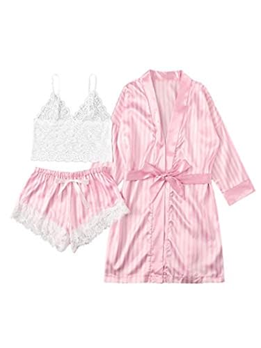 SheIn Women's Sheer Lace Bralette and Striped Shorts Pajama