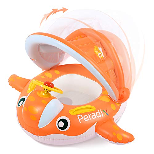 Peradix Baby Pool Float with Canopy Sunshade, Whale Theme Infants Water Toys Inflatable Swimming Ring for Toddlers in Summer, with Bonus Sunhat & Sand Play Molds Toys - Thumbnail 3