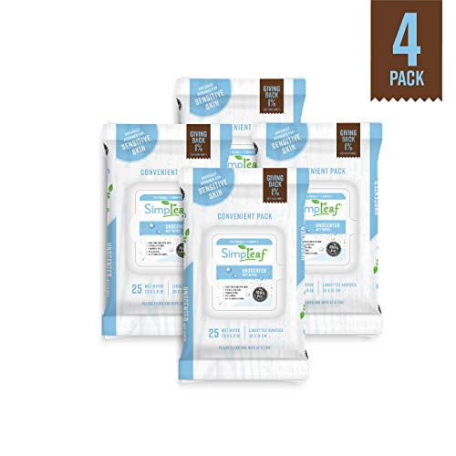 Simpleaf Flushable Wet Wipes | Eco- Friendly, Paraben & Alcohol Free | Hypoallergenic & Safe for Sensitive Skin | Unscented Soothing Aloe Vera Formula | (25-Count) 4 Pack