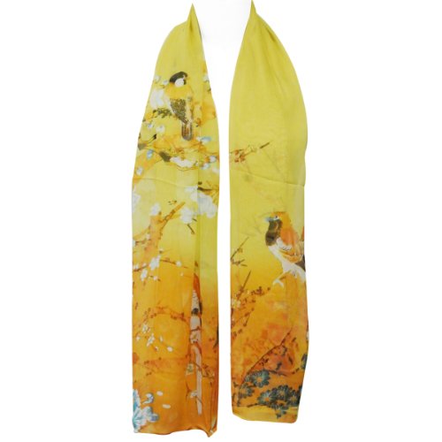 Wrapables Floral Bird Print Polyester and Silk Oblong Scarf, Sunglow