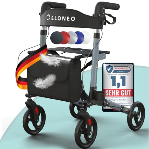 ELONEO Rollator faltbar und leicht mit Sitz, Leichtgewicht-Reiserollator aus Aluminium, Gehhilfe 8-fach höhenverstellbar, Laufhilfe 3-fach faltbar für