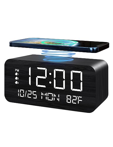 Photo 1 of Digital Alarm Clock, with Wooden Electronic LED Time Display, 3 Alarm Settings, 10W Wireless charging, Day of the week, Temperature Detect, Wood Made Digital Clocks for Office, Bedroom, Bedside, Black