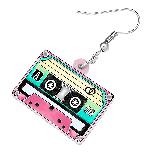 DOWAY Cute Retro Acrylic Dangle Cassette Ribbon Earrings with Mixtape Tape for Cover Funny 70s 80s Gifts Party Accessories for Women